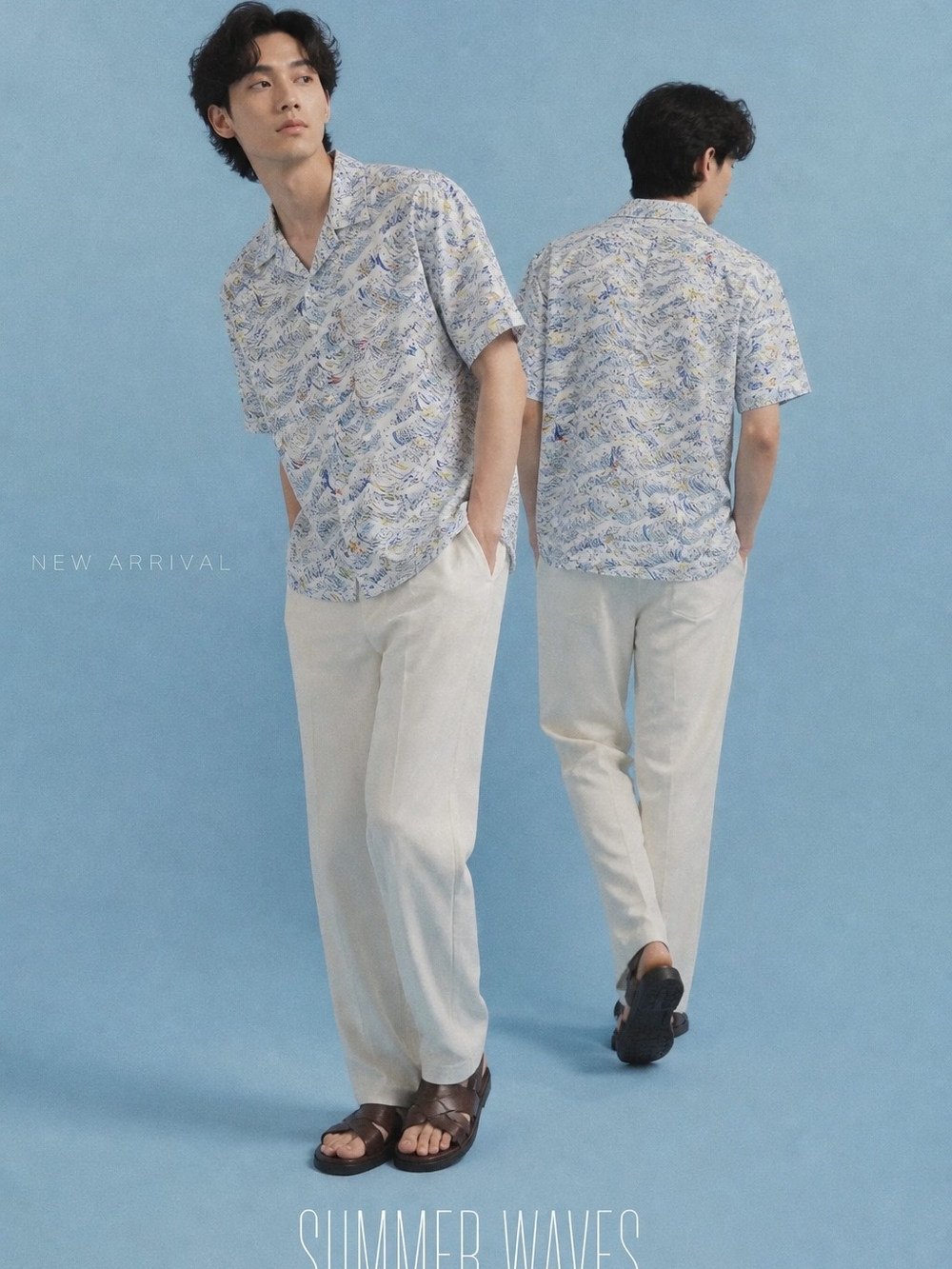 Casual Short-Sleeve Wave Print Button-Down Shirt in Pale Blue